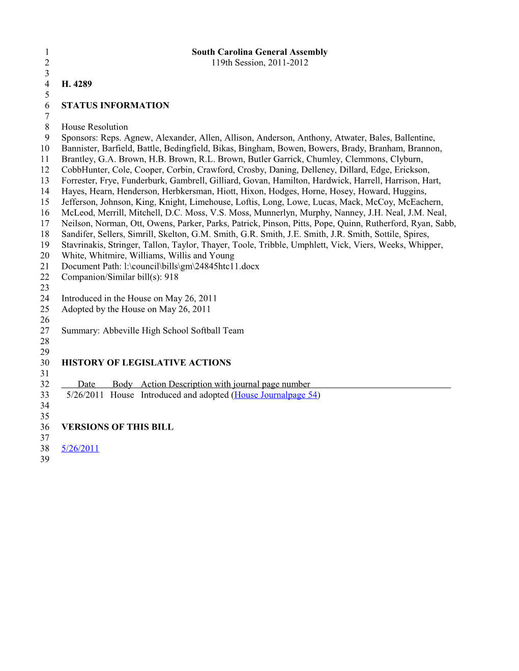 2011-2012 Bill 4289: Abbeville High School Softball Team - South Carolina Legislature Online