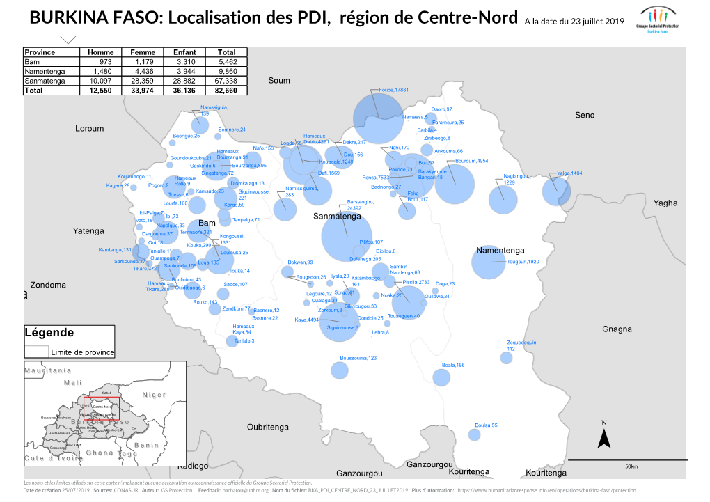 BURKINA FASO: Localisation Des PDI, Région De Centre-Nord a La Date Du 23 Juillet 2019