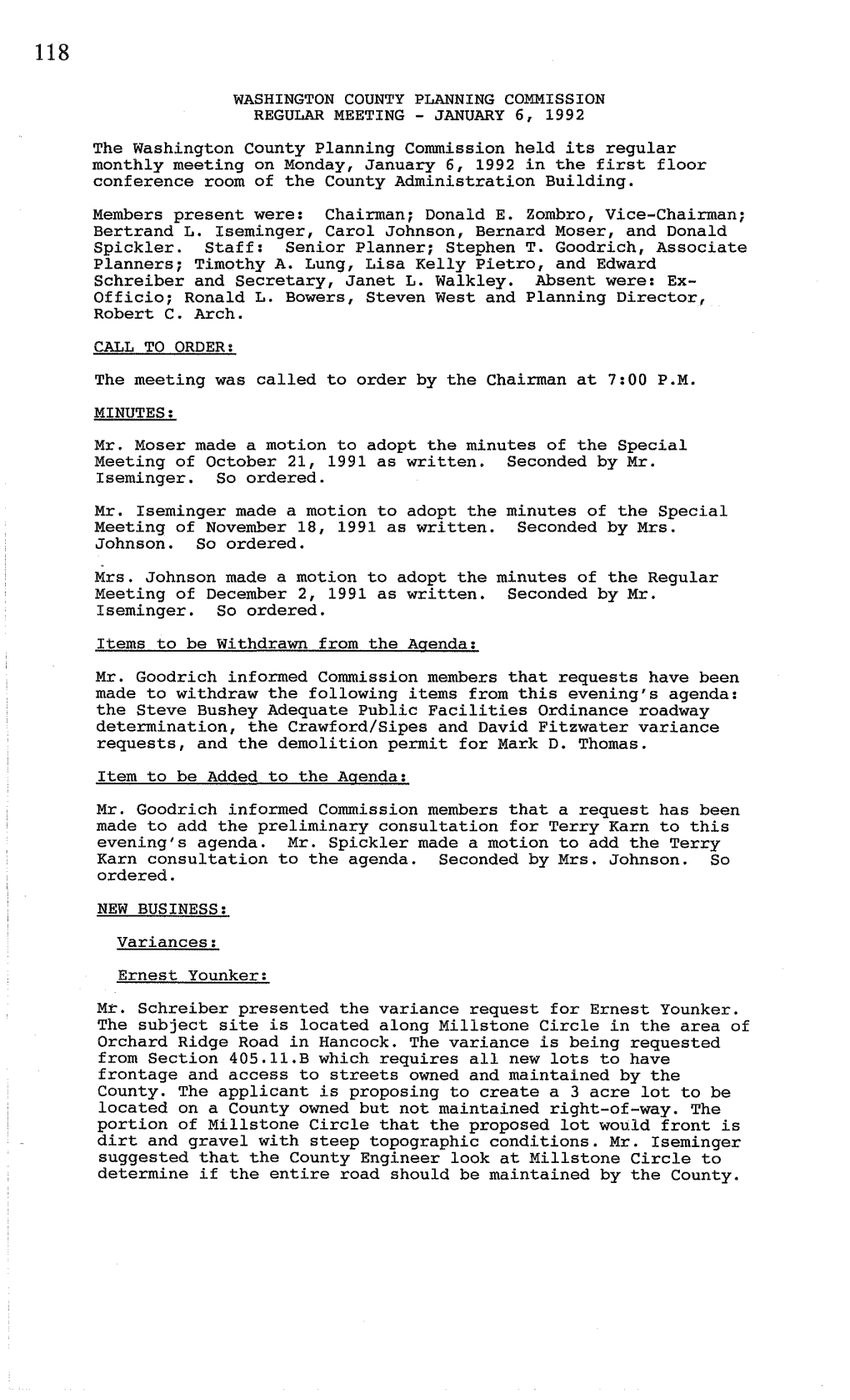 JANUARY 6, 1992 the Washington County Planning Commission Held