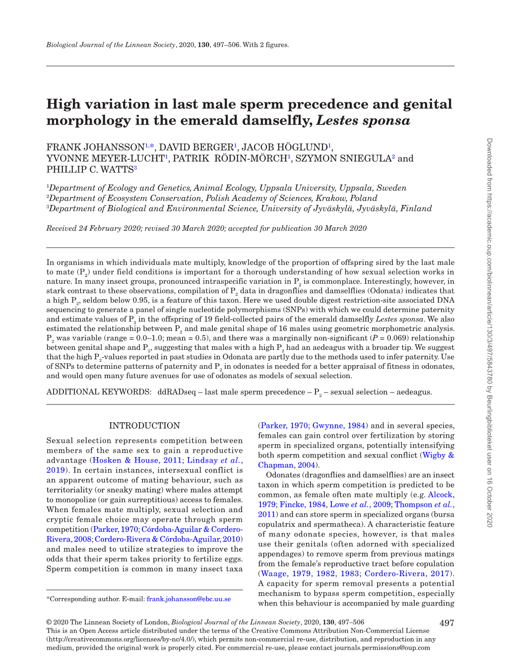 High Variation in Last Male Sperm Precedence and Genital