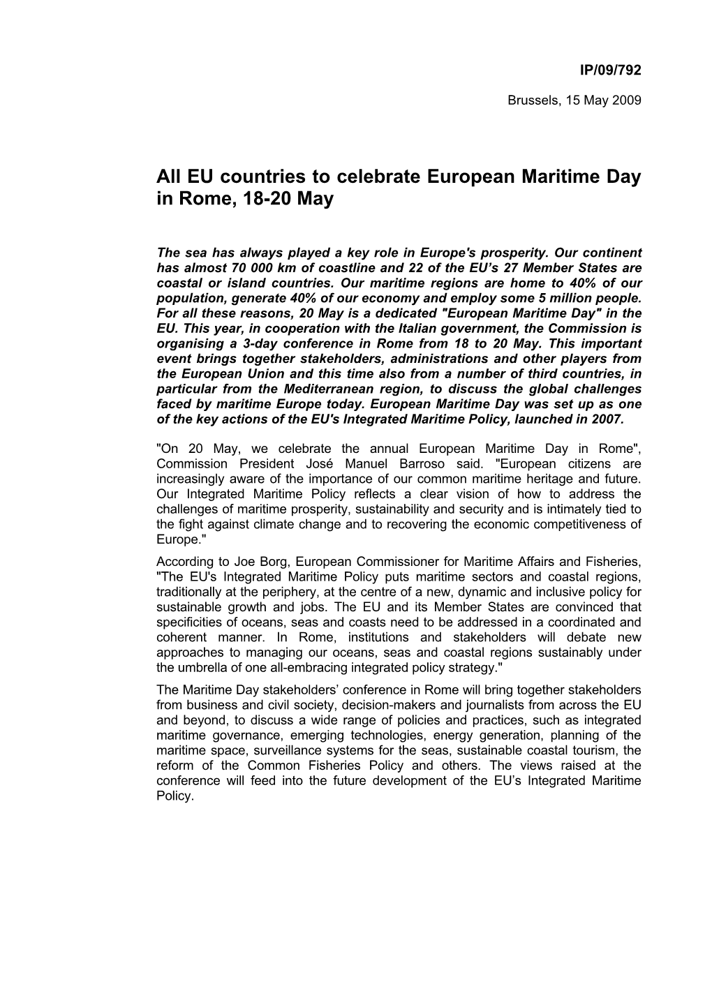 EU Countries to Celebrate European Maritime Day in Rome, 18-20 May