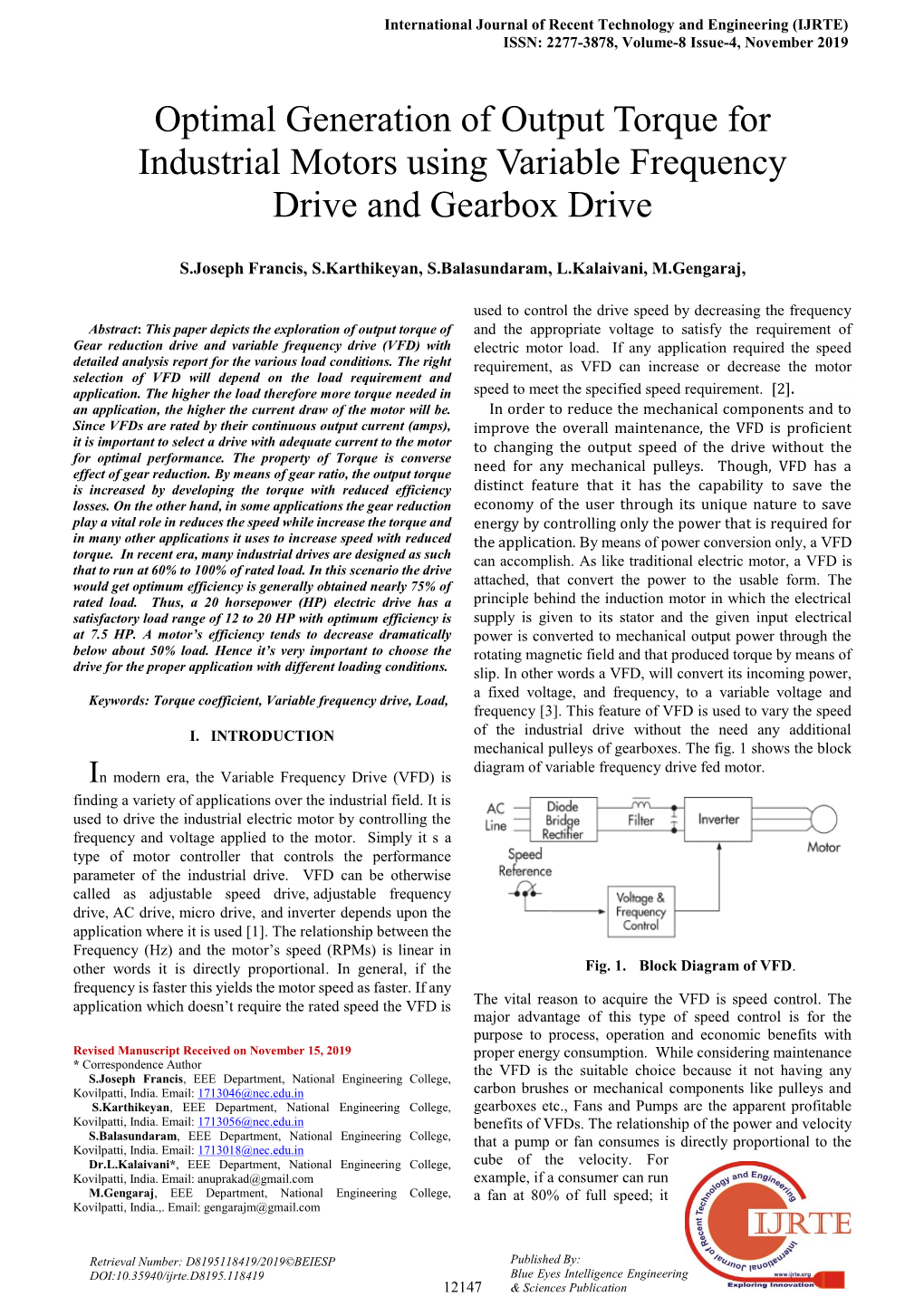 Optimal Generation of Output Torque for Industrial Motors Using Variable Frequency Drive and Gearbox Drive