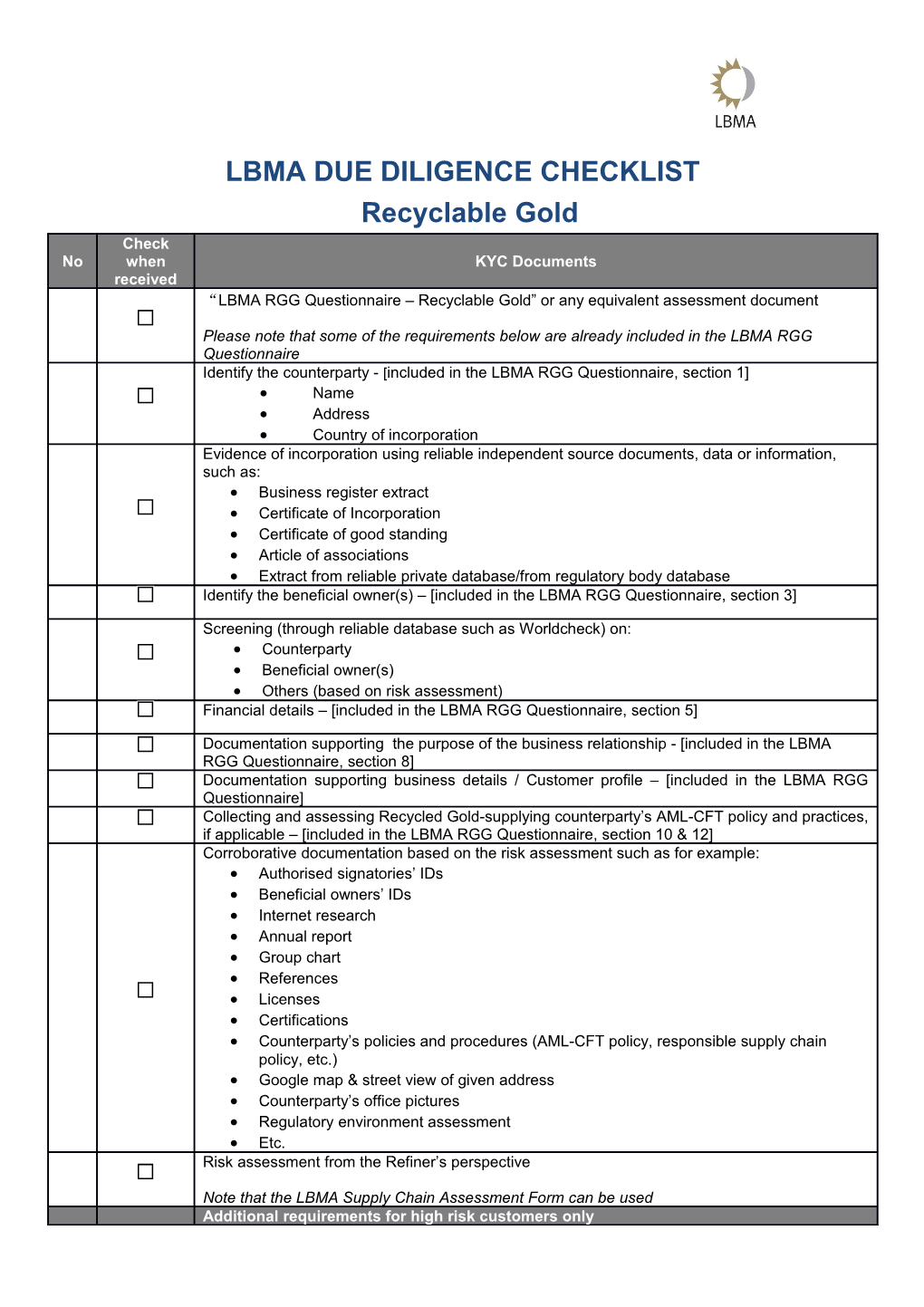 Lbma Due Diligence Checklist