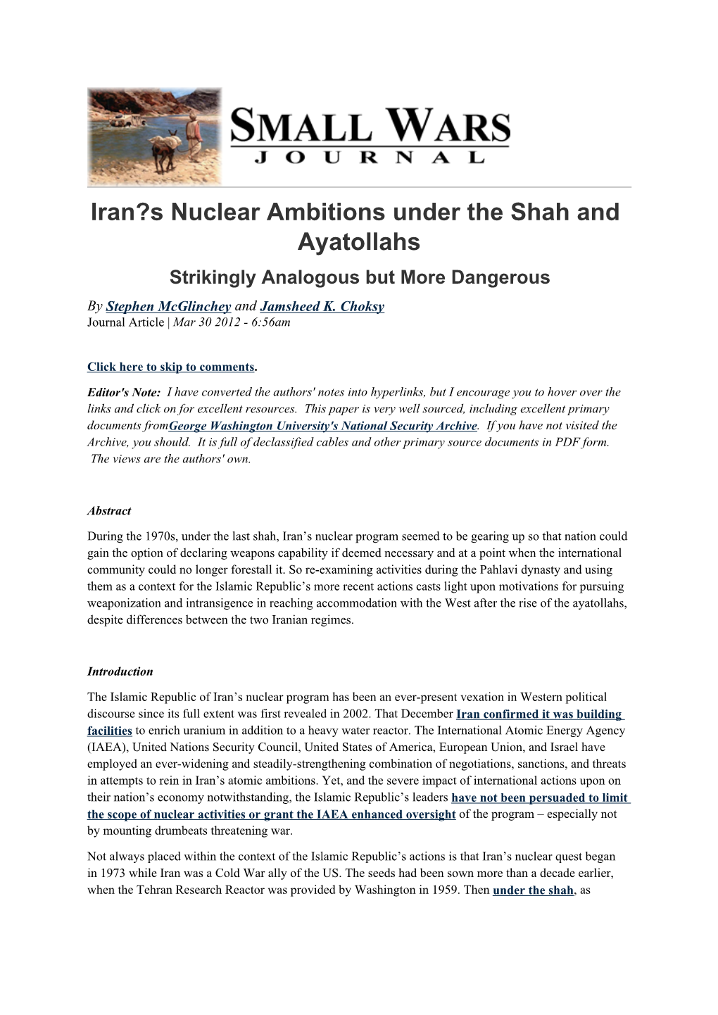 Iran?S Nuclear Ambitions Under the Shah and Ayatollahs Strikingly Analogous but More Dangerous by Stephen Mcglinchey and Jamsheed K