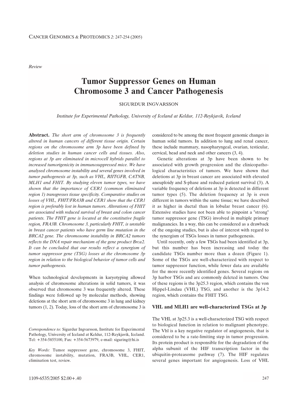 Tumor Suppressor Genes on Human Chromosome 3 and Cancer Pathogenesis