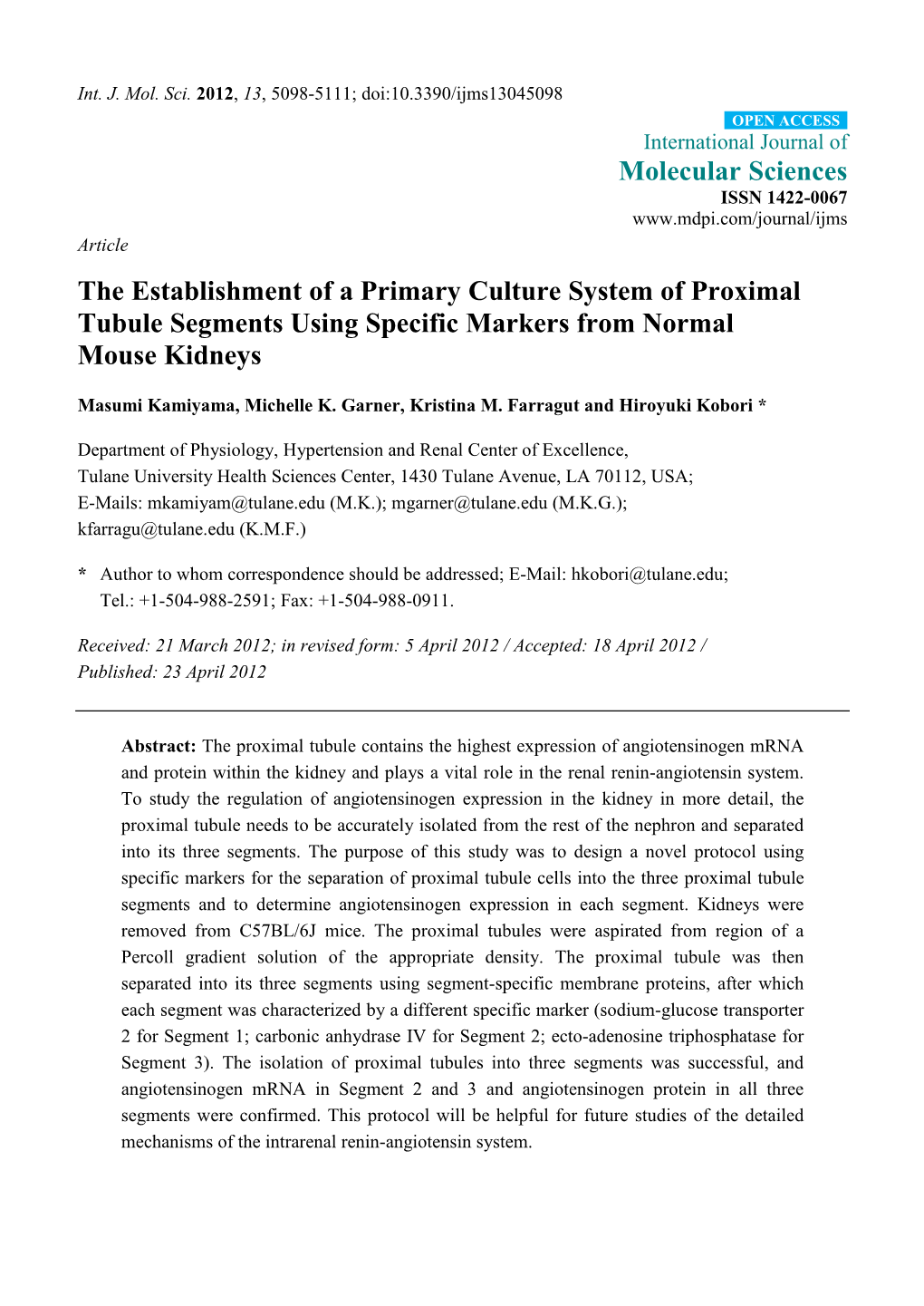 The Establishment of a Primary Culture System of Proximal Tubule Segments Using Specific Markers from Normal Mouse Kidneys