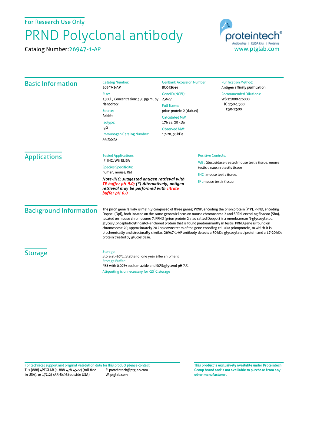 PRND Polyclonal Antibody Catalog Number:26947-1-AP