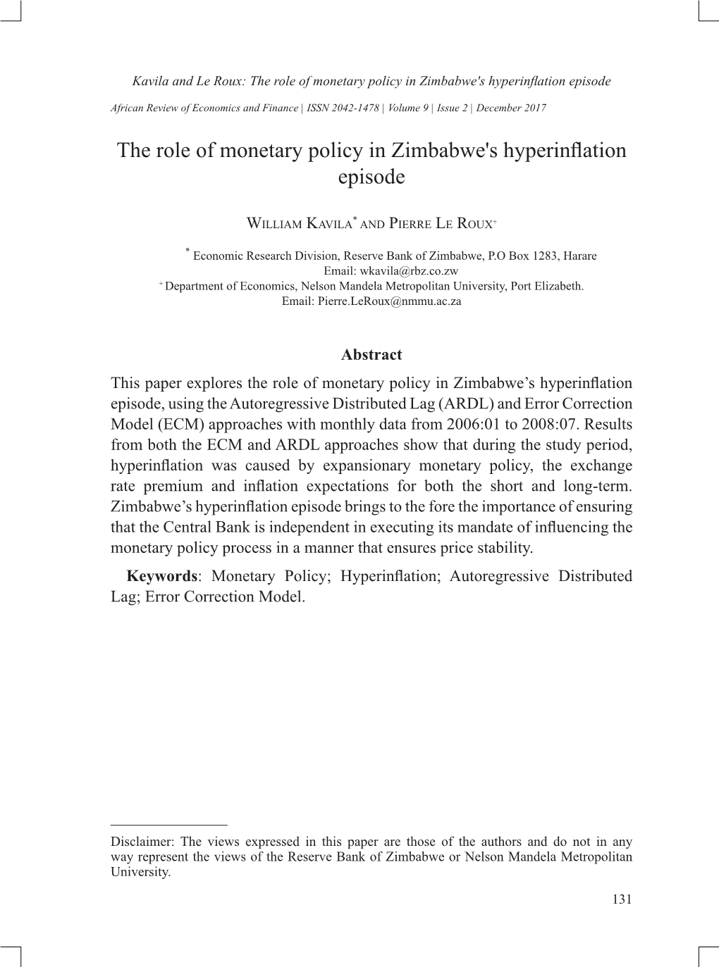 The Role of Monetary Policy in Zimbabwe's Hyperinflation Episode