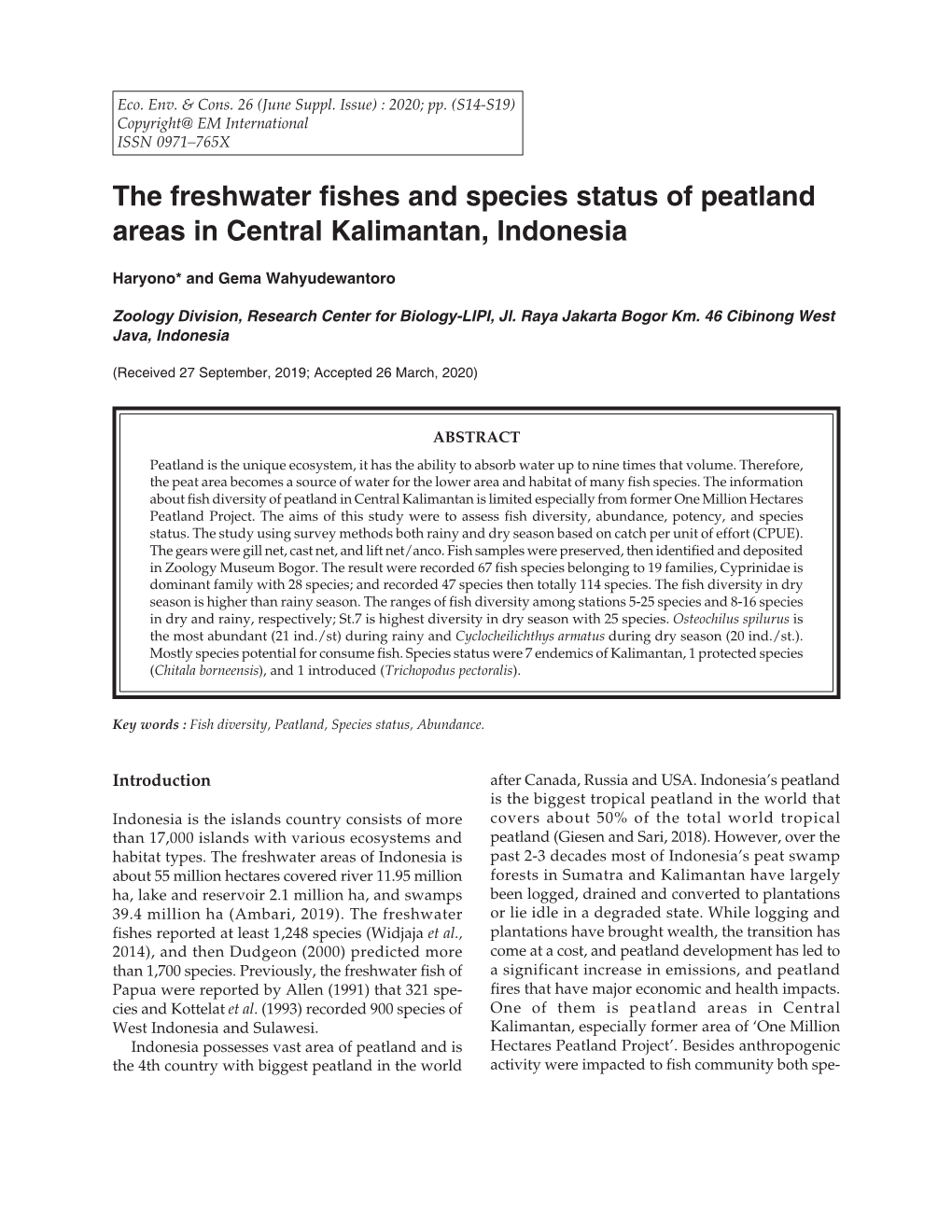 The Freshwater Fishes and Species Status of Peatland Areas in Central Kalimantan, Indonesia