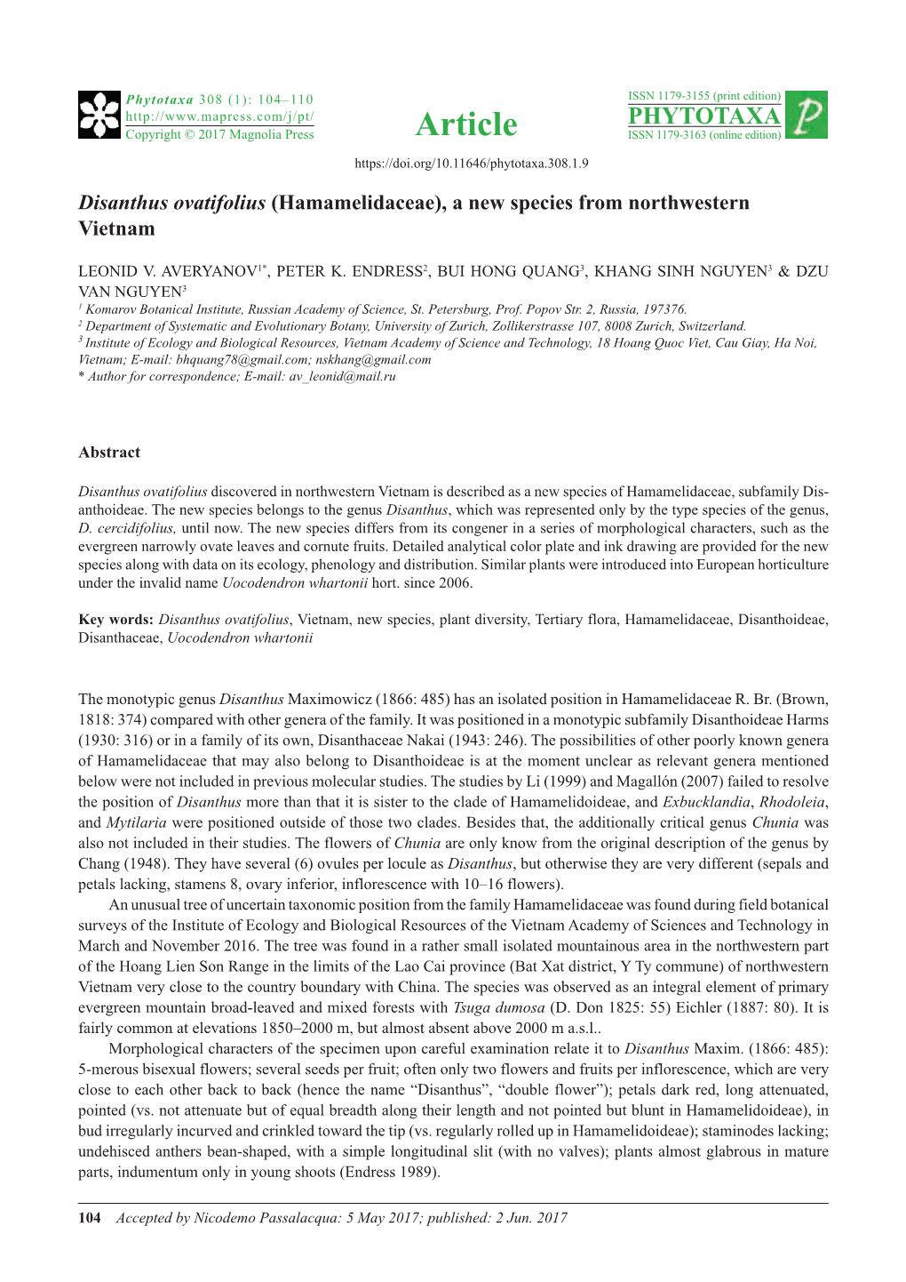 Disanthus Ovatifolius (Hamamelidaceae), a New Species from Northwestern Vietnam