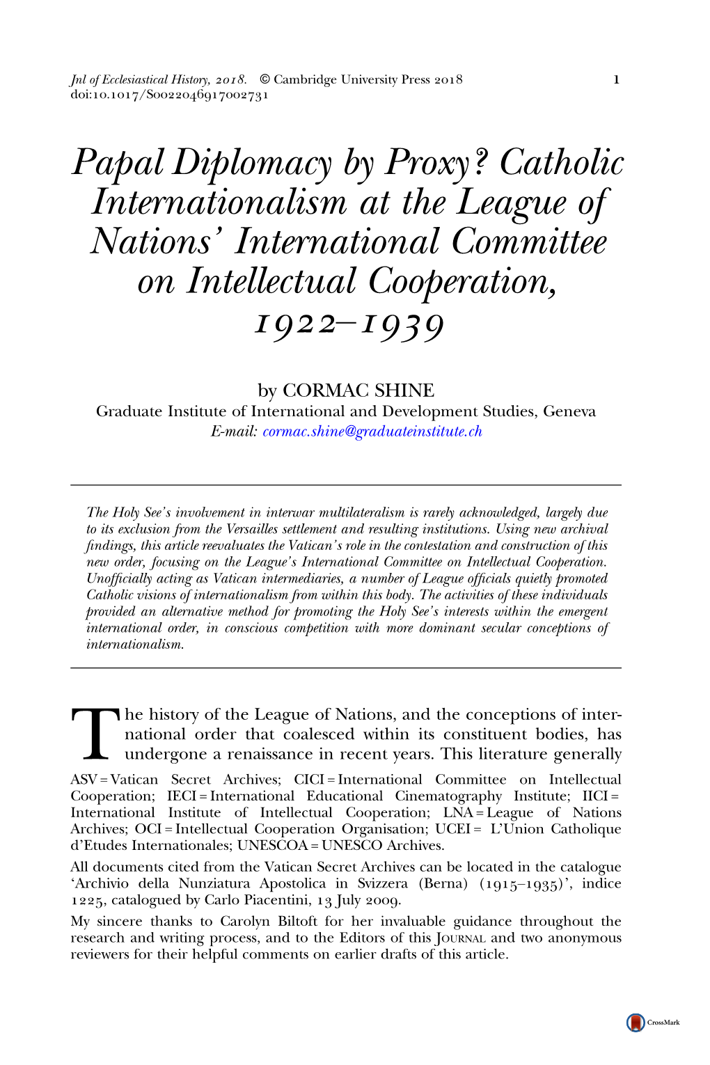 Papal Diplomacy by Proxy? Catholic Internationalism at the League of Nations’ International Committee on Intellectual Cooperation, –