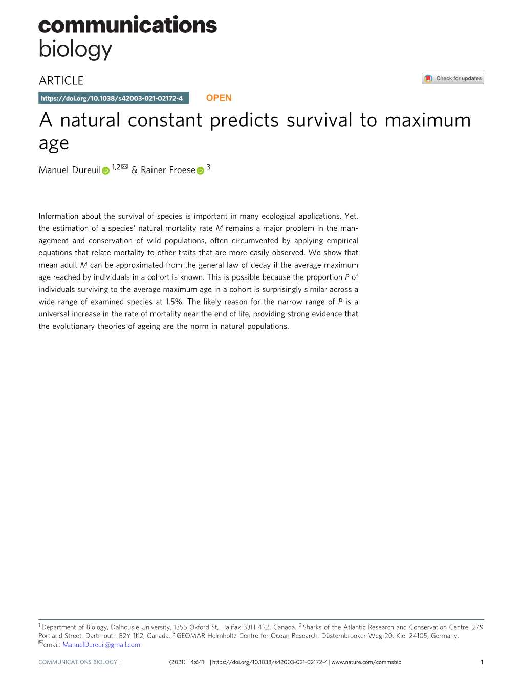 A Natural Constant Predicts Survival to Maximum Age ✉ Manuel Dureuil 1,2 & Rainer Froese 3