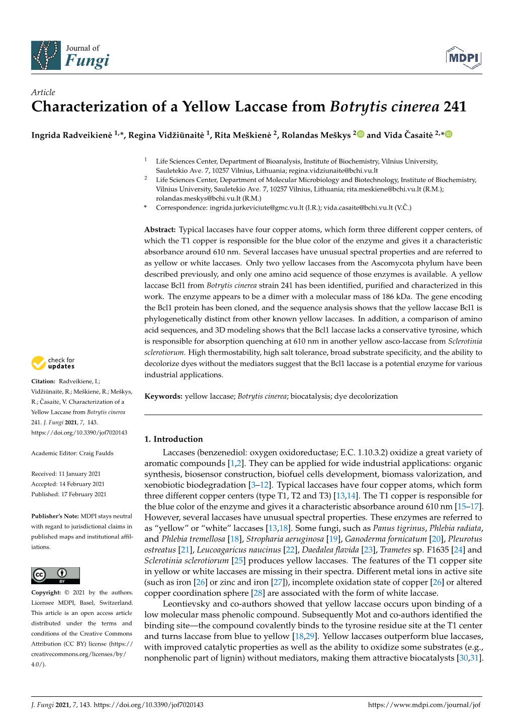 Characterization of a Yellow Laccase from Botrytis Cinerea 241