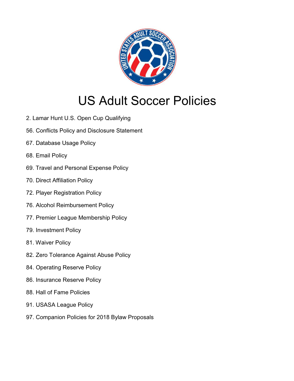 US Adult Soccer Policies