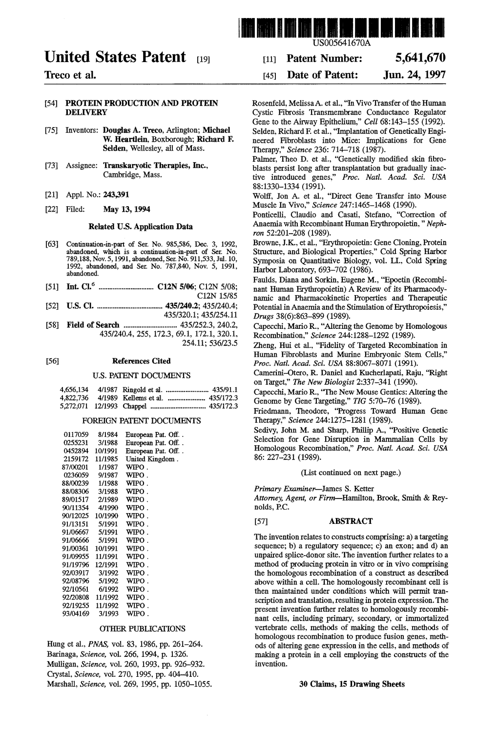 United States Patent (19) 11 Patent Number: 5,641,670 Treco Et Al