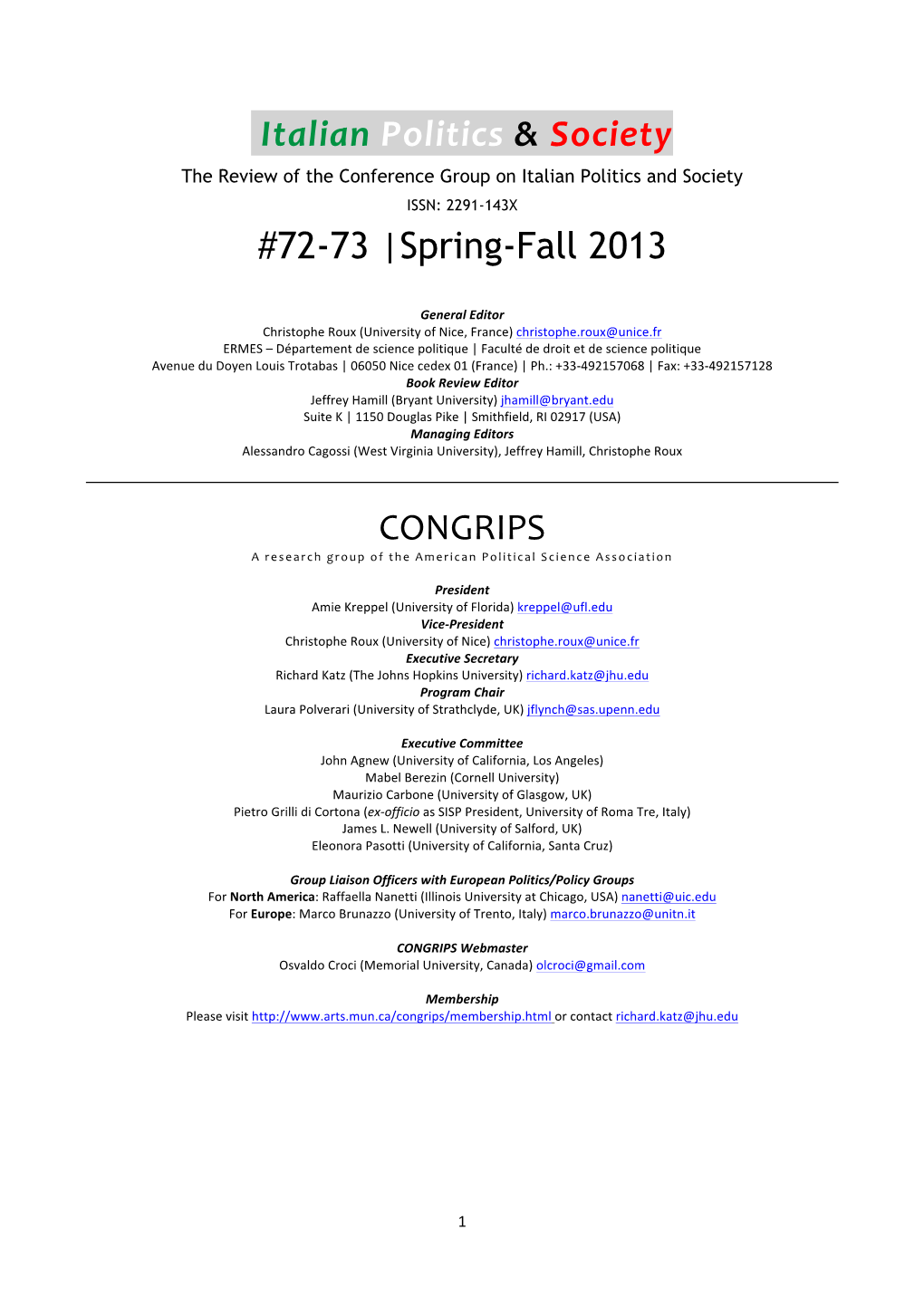 Italian Politics & Society #72-73 |Spring-Fall 2013 CONGRIPS