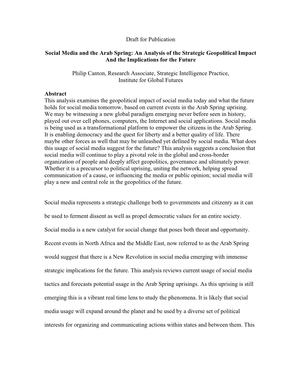 Draft for Publication Social Media and the Arab Spring