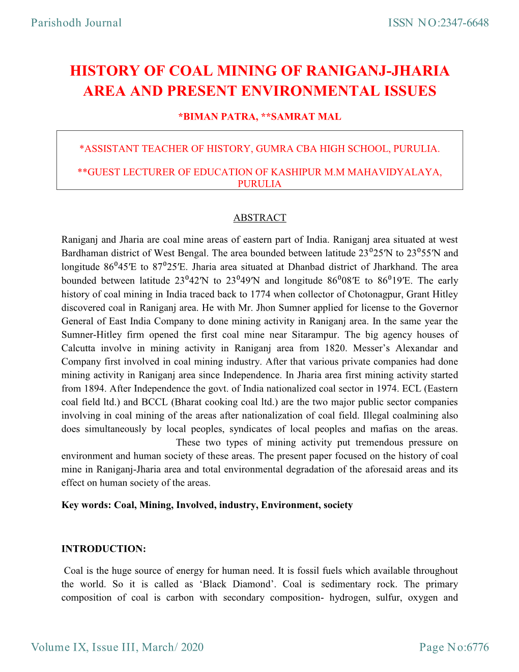 History of Coal Mining of Raniganj-Jharia Area and Present Environmental Issues