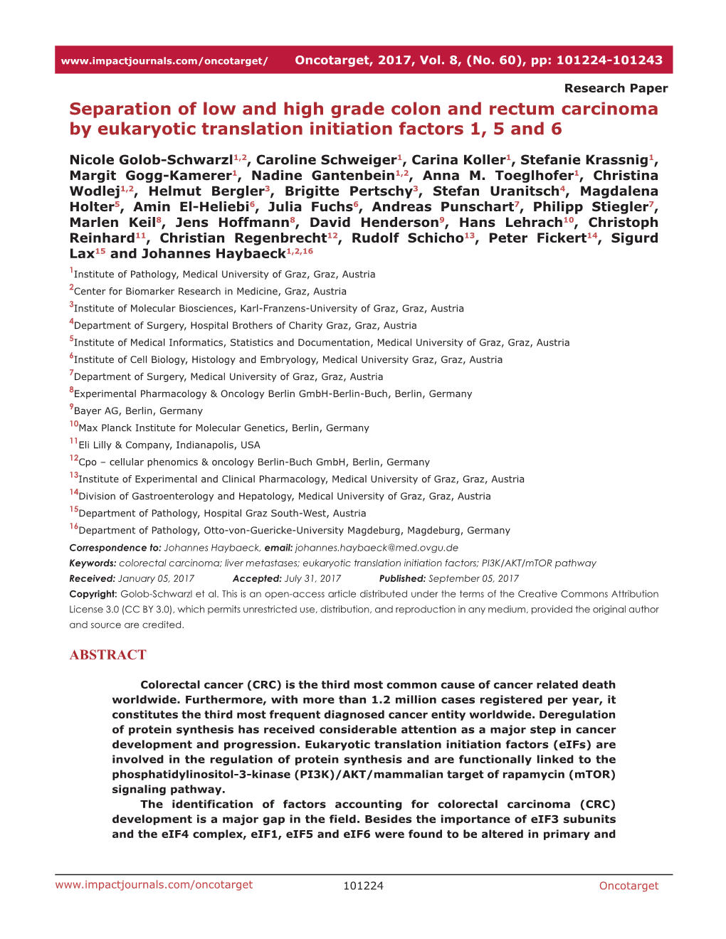 Separation of Low and High Grade Colon and Rectum Carcinoma by Eukaryotic Translation Initiation Factors 1, 5 and 6