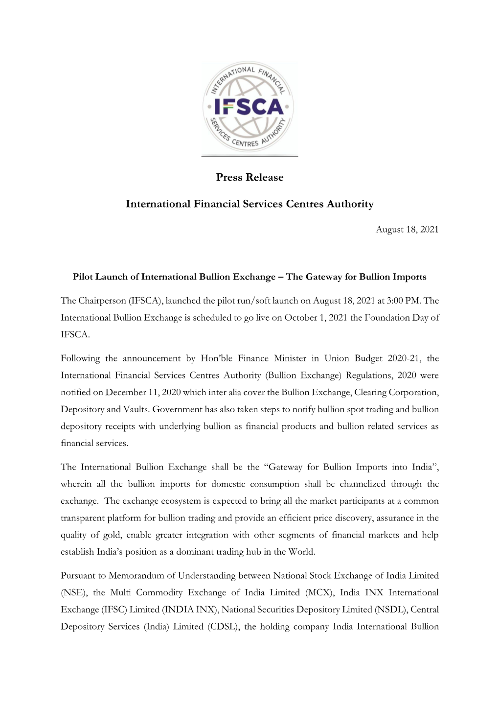 Press Release International Financial Services Centres Authority