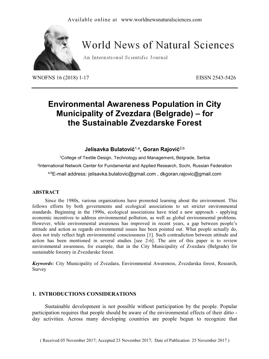 Environmental Awareness Population in City Municipality of Zvezdara (Belgrade) – for the Sustainable Zvezdarske Forest