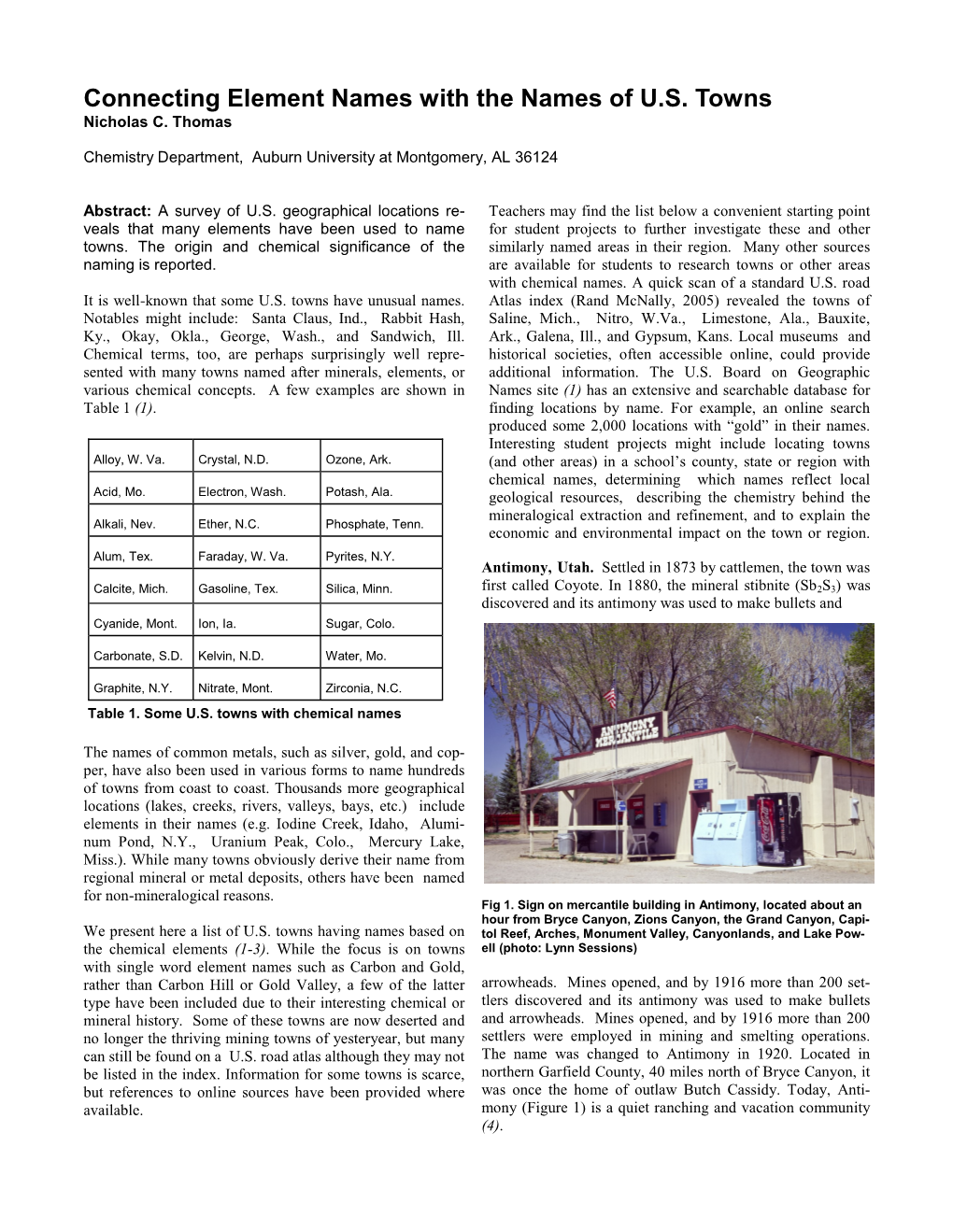 Connecting Element Names with the Names of U.S. Towns Nicholas C