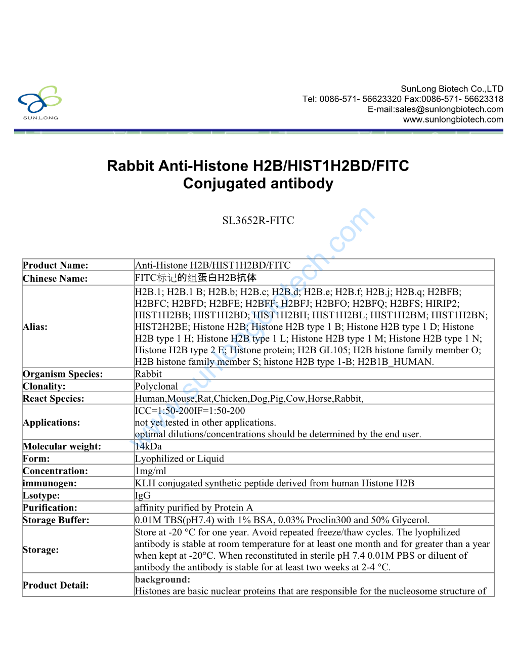 Rabbit Anti-Histone H2B/HIST1H2BD/FITC Conjugated Antibody