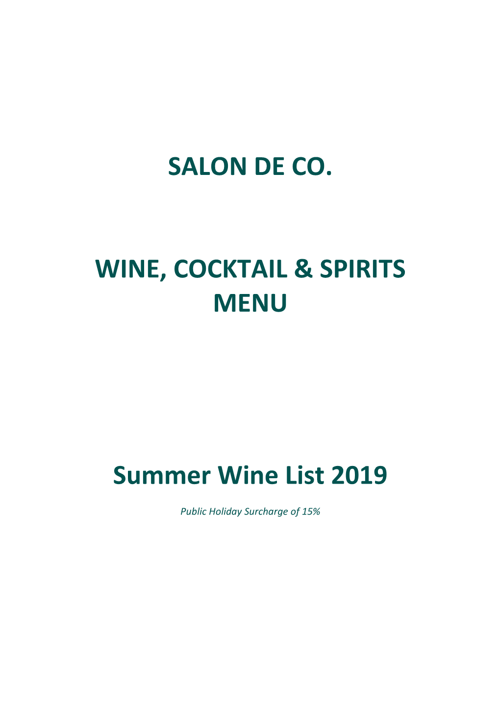 SALON DE CO. WINE, COCKTAIL & SPIRITS MENU Summer Wine List