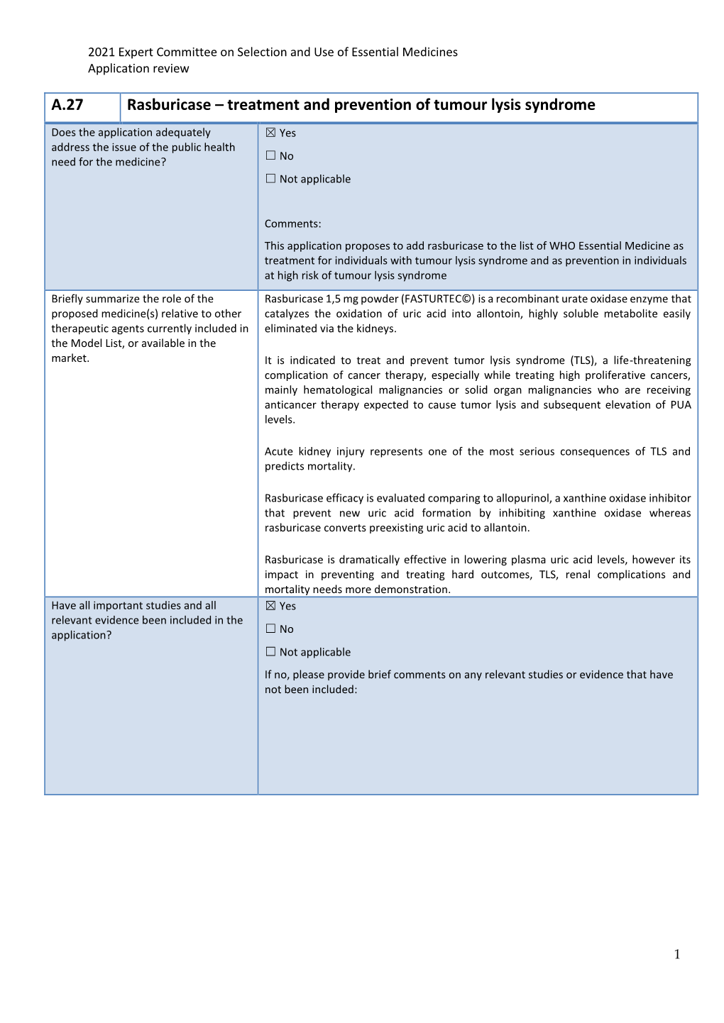 A.27 Rasburicase – Treatment and Prevention of Tumour Lysis Syndrome