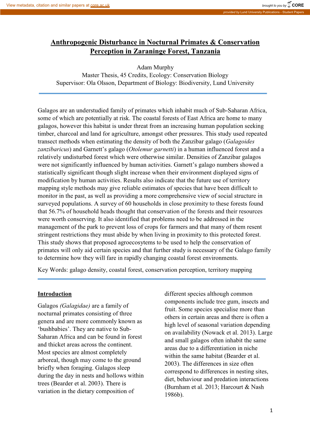 Anthropogenic Disturbance in Nocturnal Primates & Conservation Perception in Zaraninge Forest, Tanzania