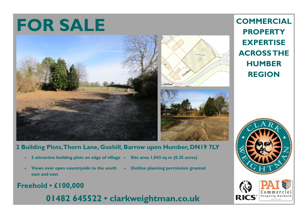 FOR SALE 2 Building Plots, Thorn Lane, Goxhill, Barrow Upon Humber