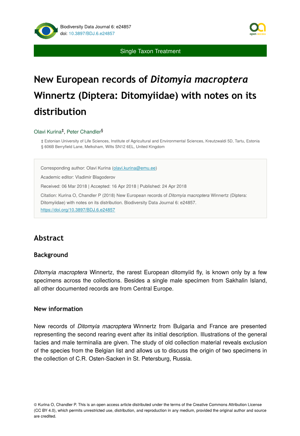 New European Records of Ditomyia Macroptera Winnertz (Diptera: Ditomyiidae) with Notes on Its Distribution