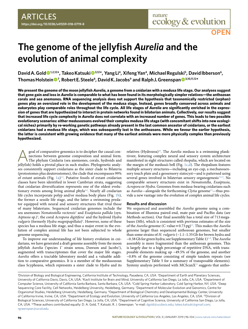 The Genome of the Jellyfish Aurelia and the Evolution of Animal Complexity