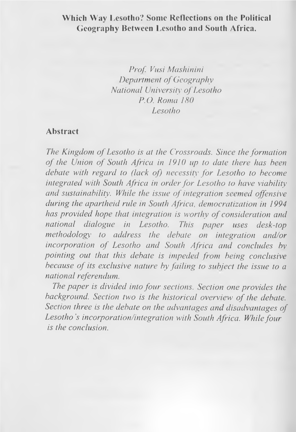 Which Way Lesotho? Some Reflections on the Political Geography Between Lesotho and South Africa