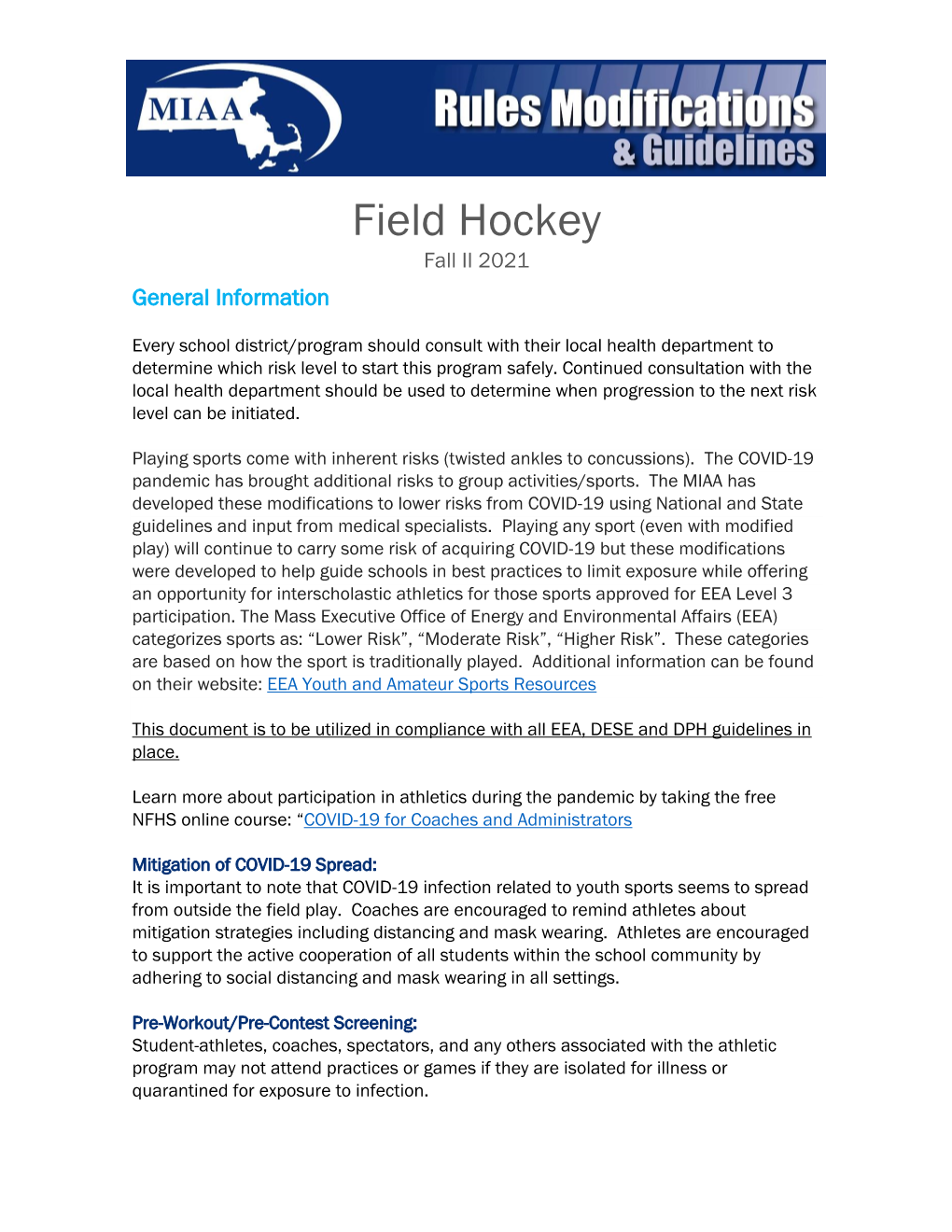 Field Hockey Fall II 2021 General Information