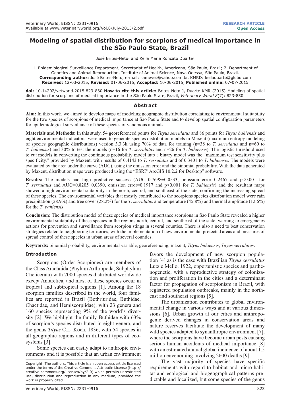 Modeling of Spatial Distribution for Scorpions of Medical Importance in the São Paulo State, Brazil