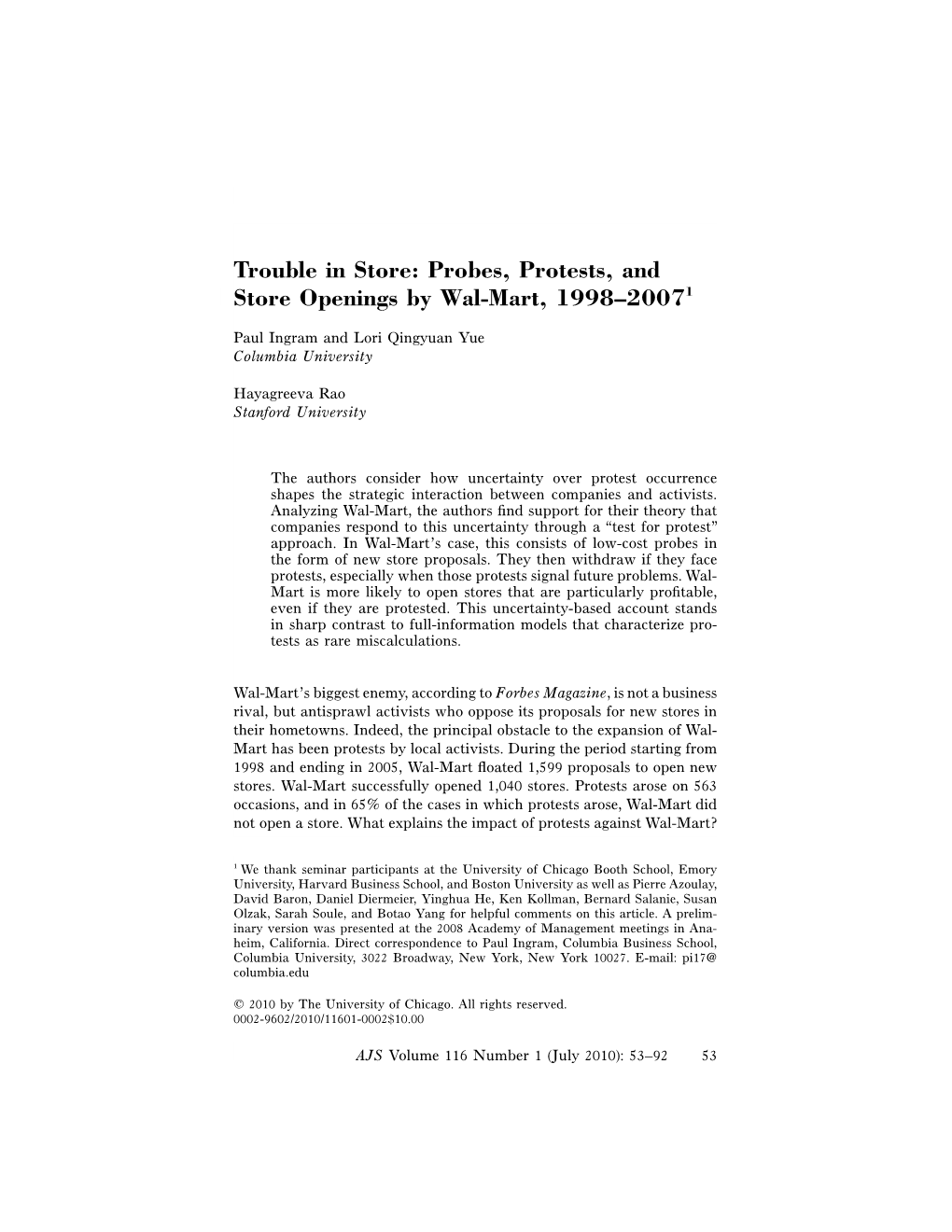 Probes, Protests, and Store Openings by Wal-Mart, 1998–20071