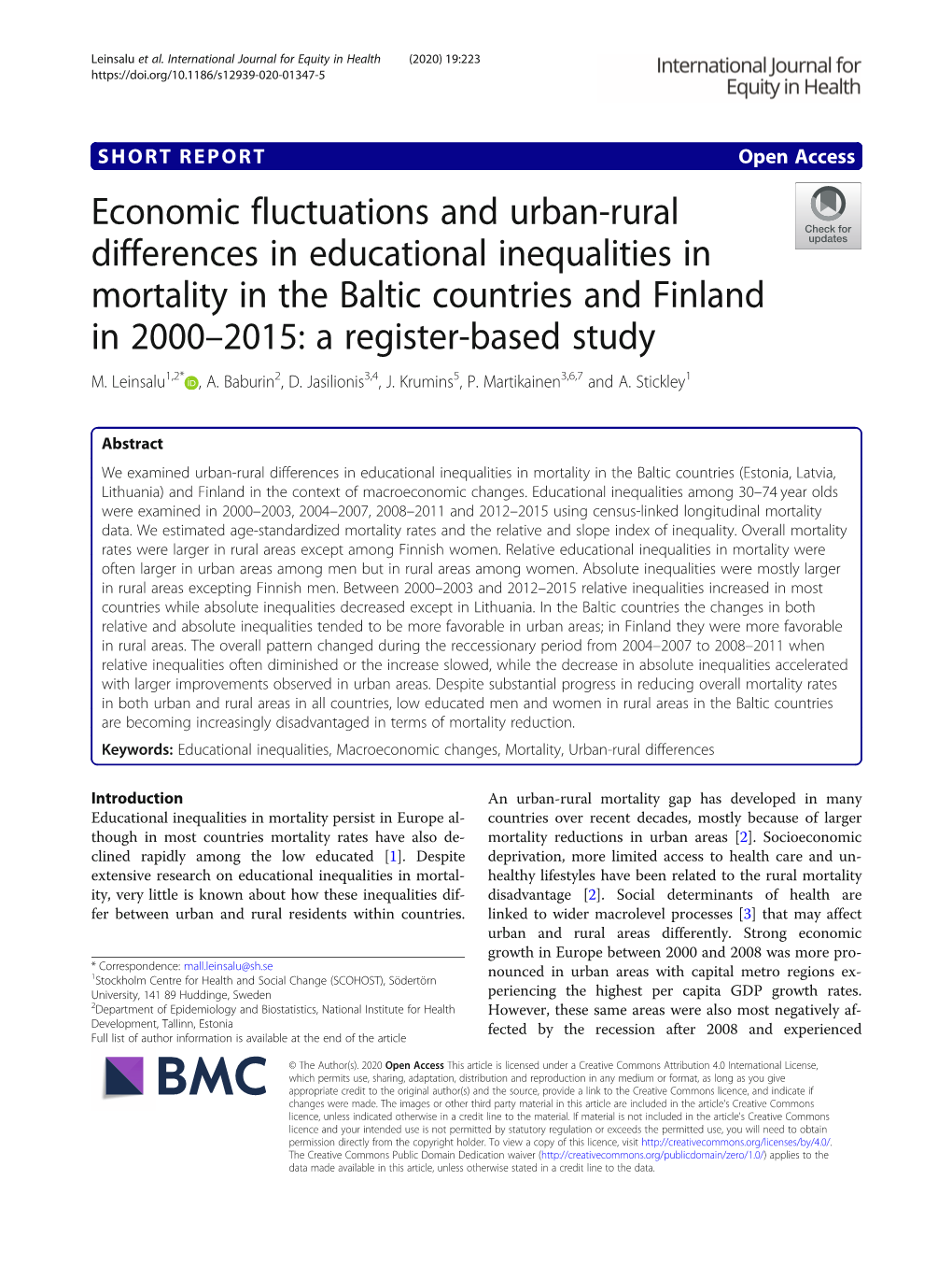 Economic Fluctuations and Urban-Rural Differences in Educational Inequalities in Mortality in the Baltic Countries and Finland in 2000–2015: a Register-Based Study M