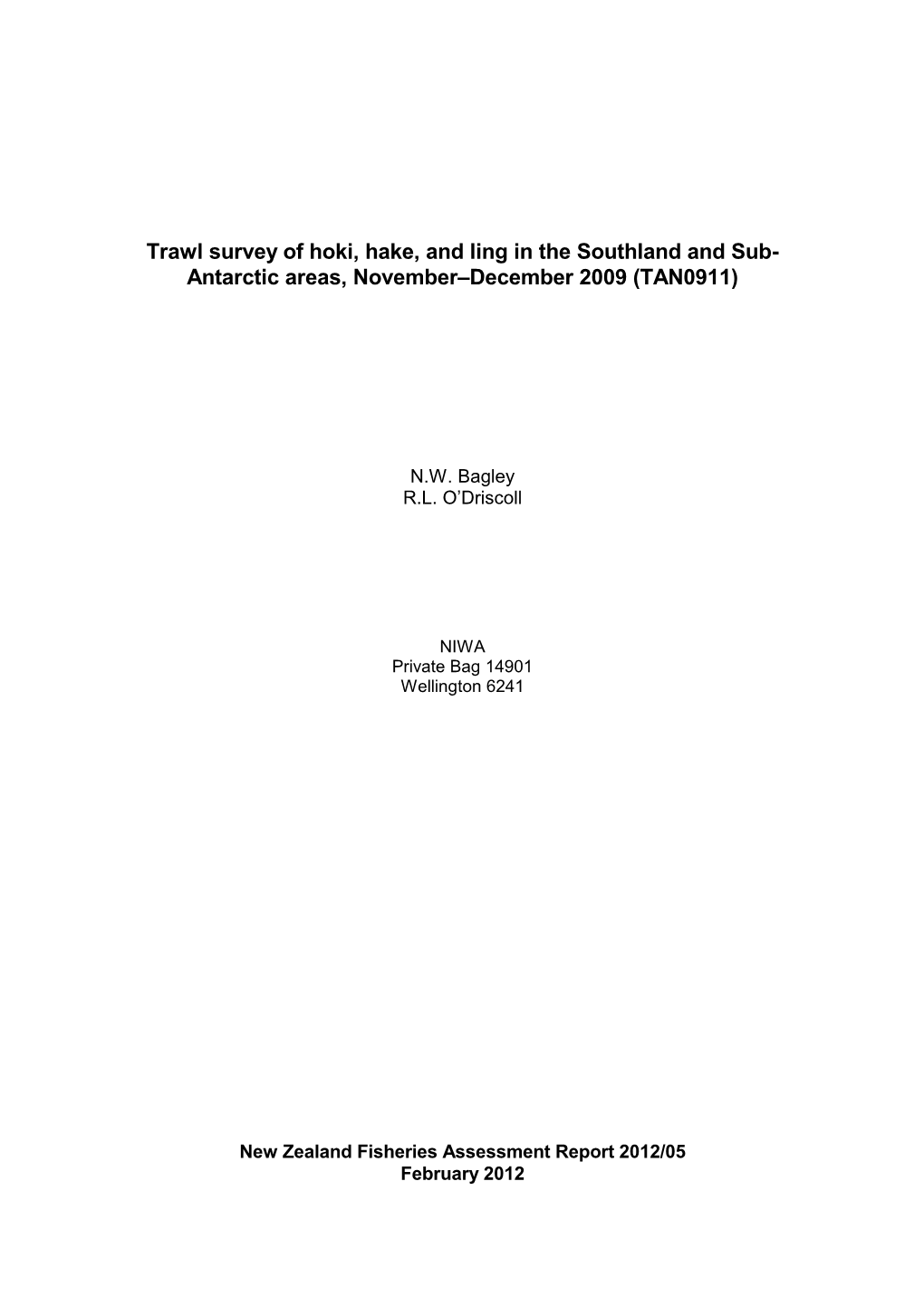 (2012) Trawl Survey of Middle Depth Species in Southland and Sub