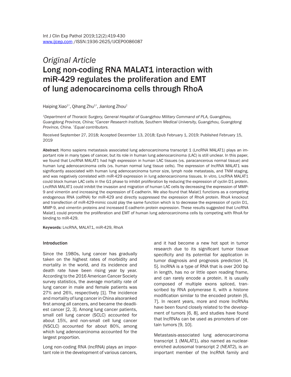 Original Article Long Non-Coding RNA MALAT1 Interaction with Mir-429 Regulates the Proliferation and EMT of Lung Adenocarcinoma Cells Through Rhoa