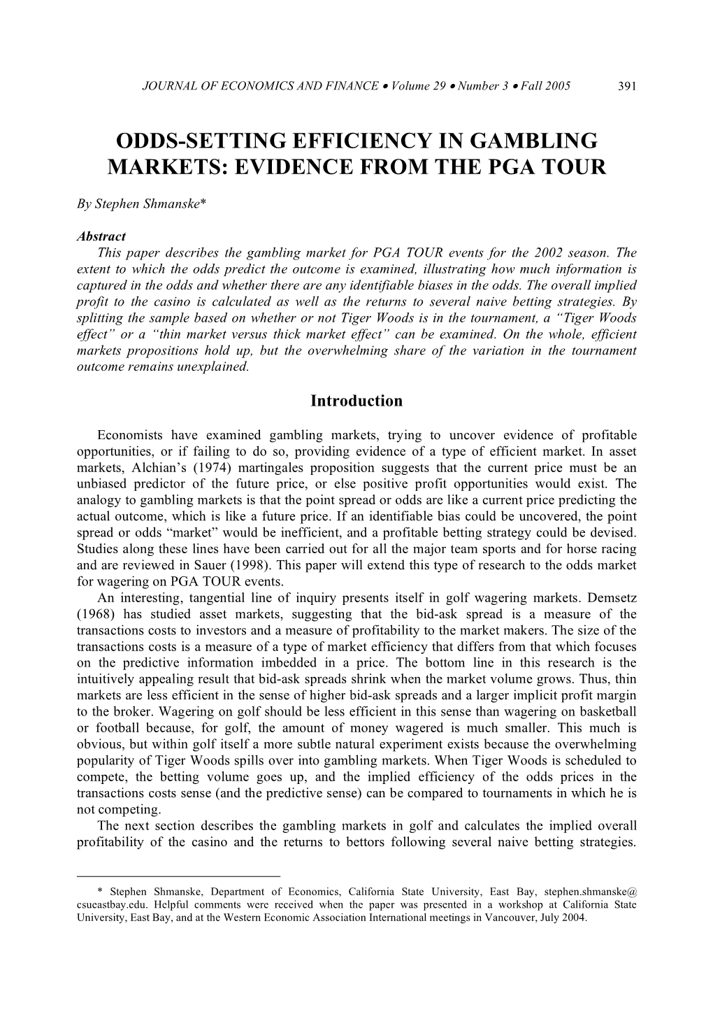 Odds-Setting Efficiency in Gambling Markets: Evidence from the Pga Tour