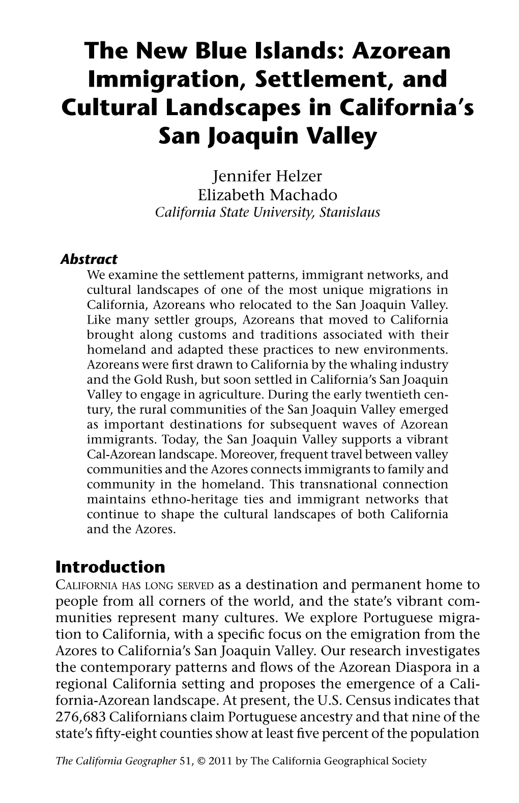 Azorean Immigration, Settlement, and Cultural Landscapes in California's San Joaquin Valley