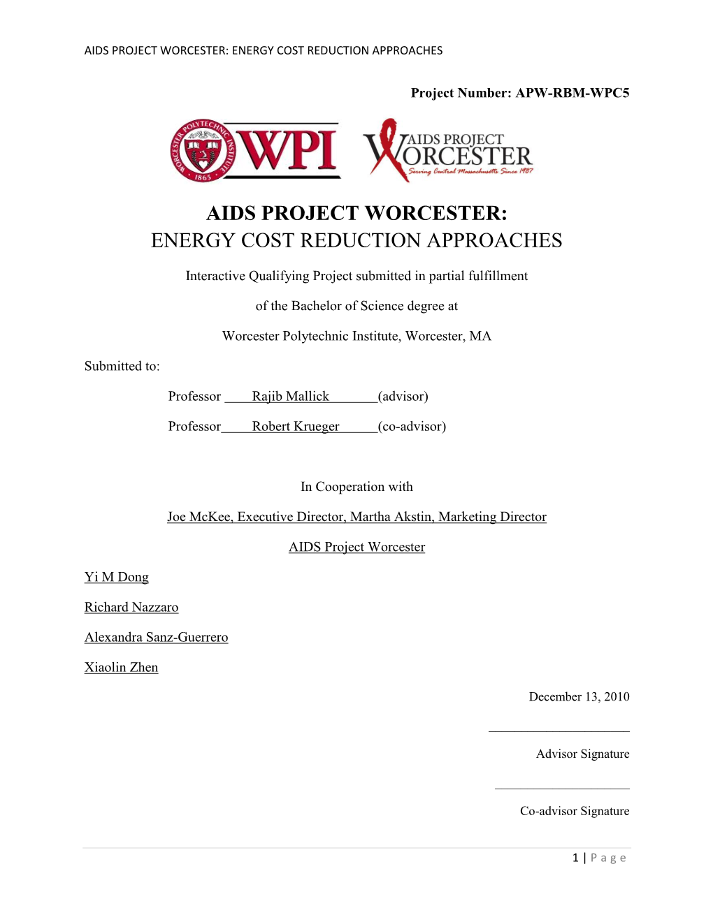 Aids Project Worcester: Energy Cost Reduction Approaches