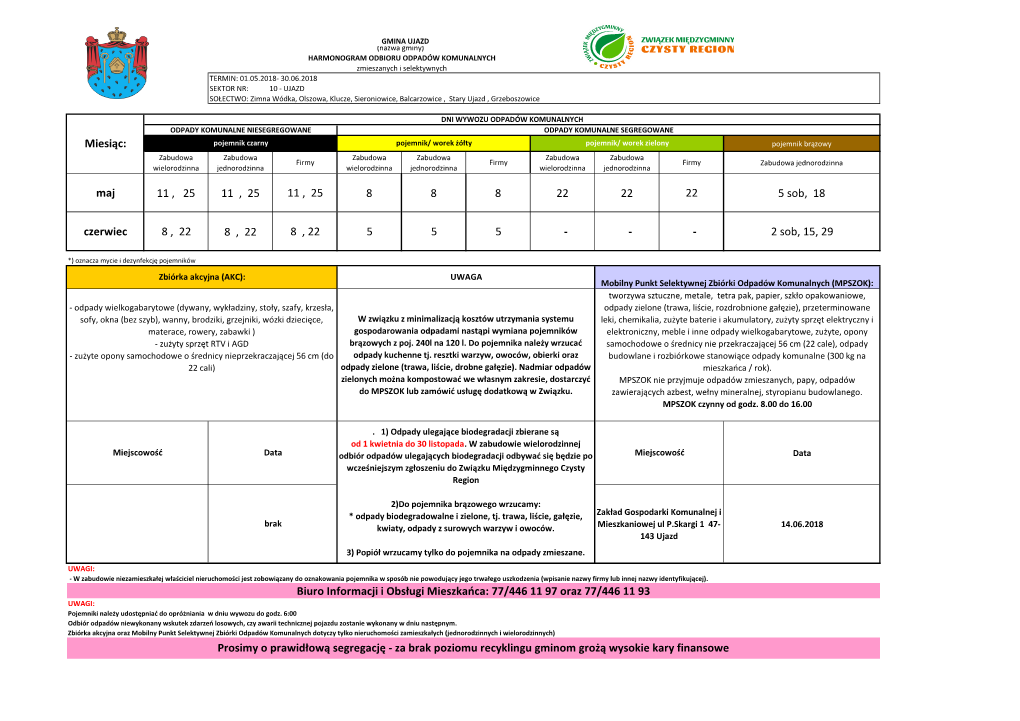 Harmonogram Wywozu Odpadów Maj-Czerwiec 2018