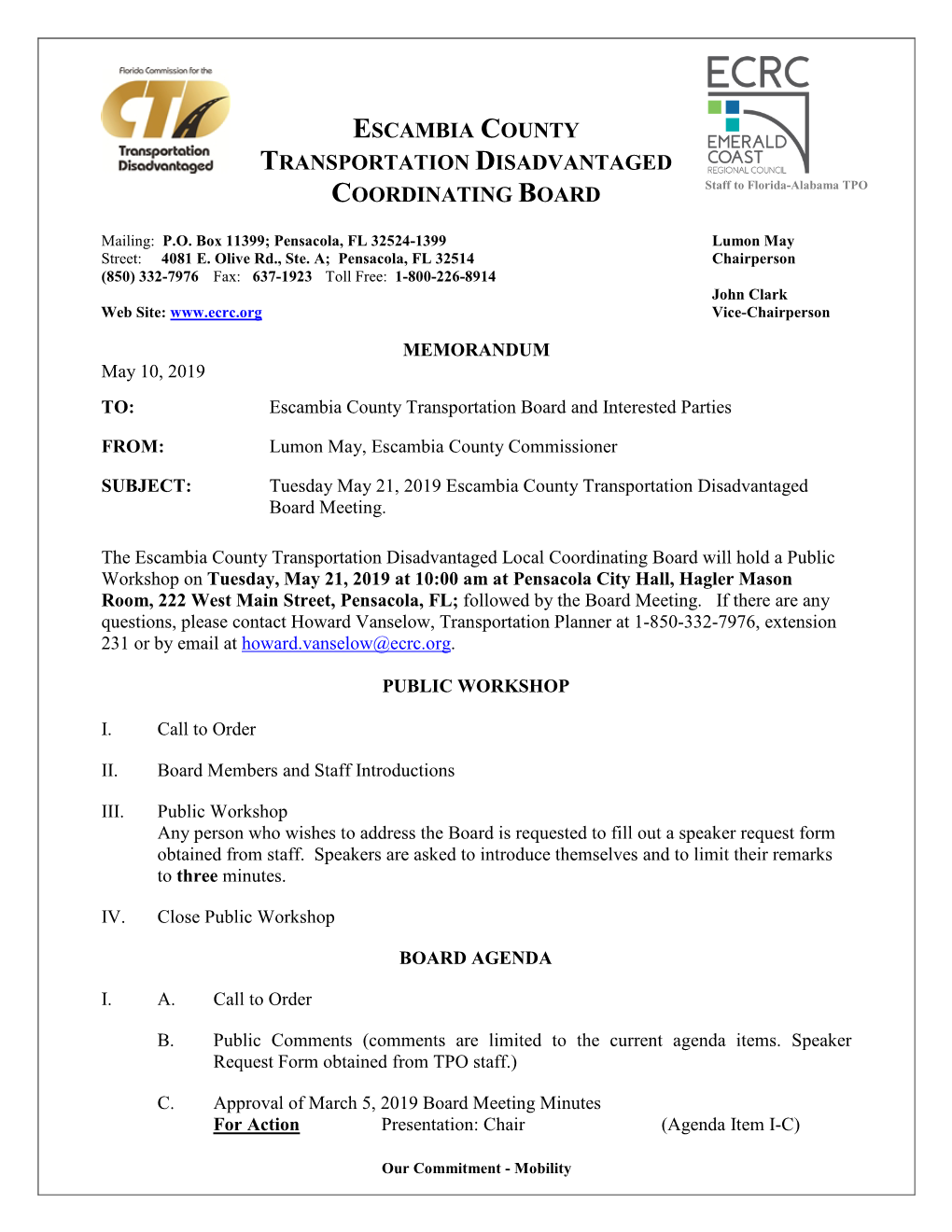 Escambia County Transportation Disadvantaged Coordinating Board Meeting Schedule for Information Presentation: TPO Staff (Agenda Item III-E)