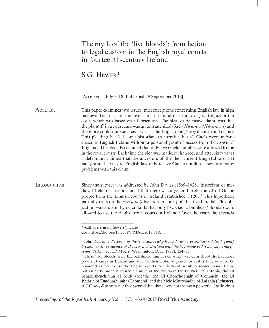 Five Bloods’: from Fiction to Legal Custom in the English Royal Courts in Fourteenth-Century Ireland