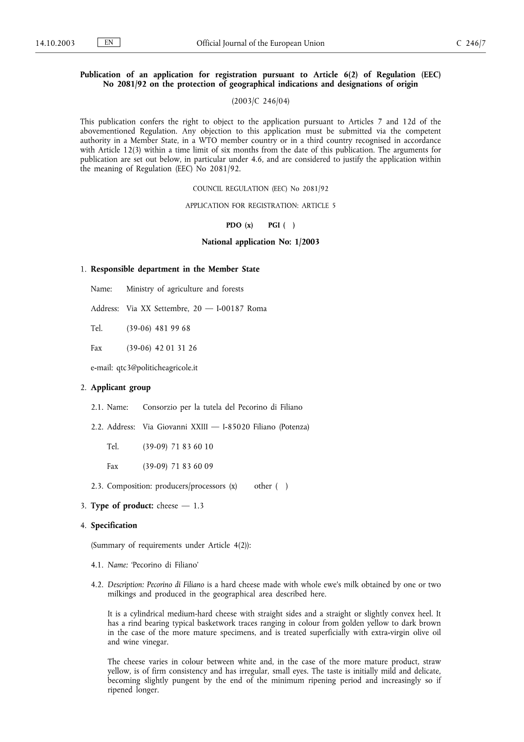 Of Regulation (EEC) No 2081/92 on the Protection of Geographical Indications and Designations of Origin