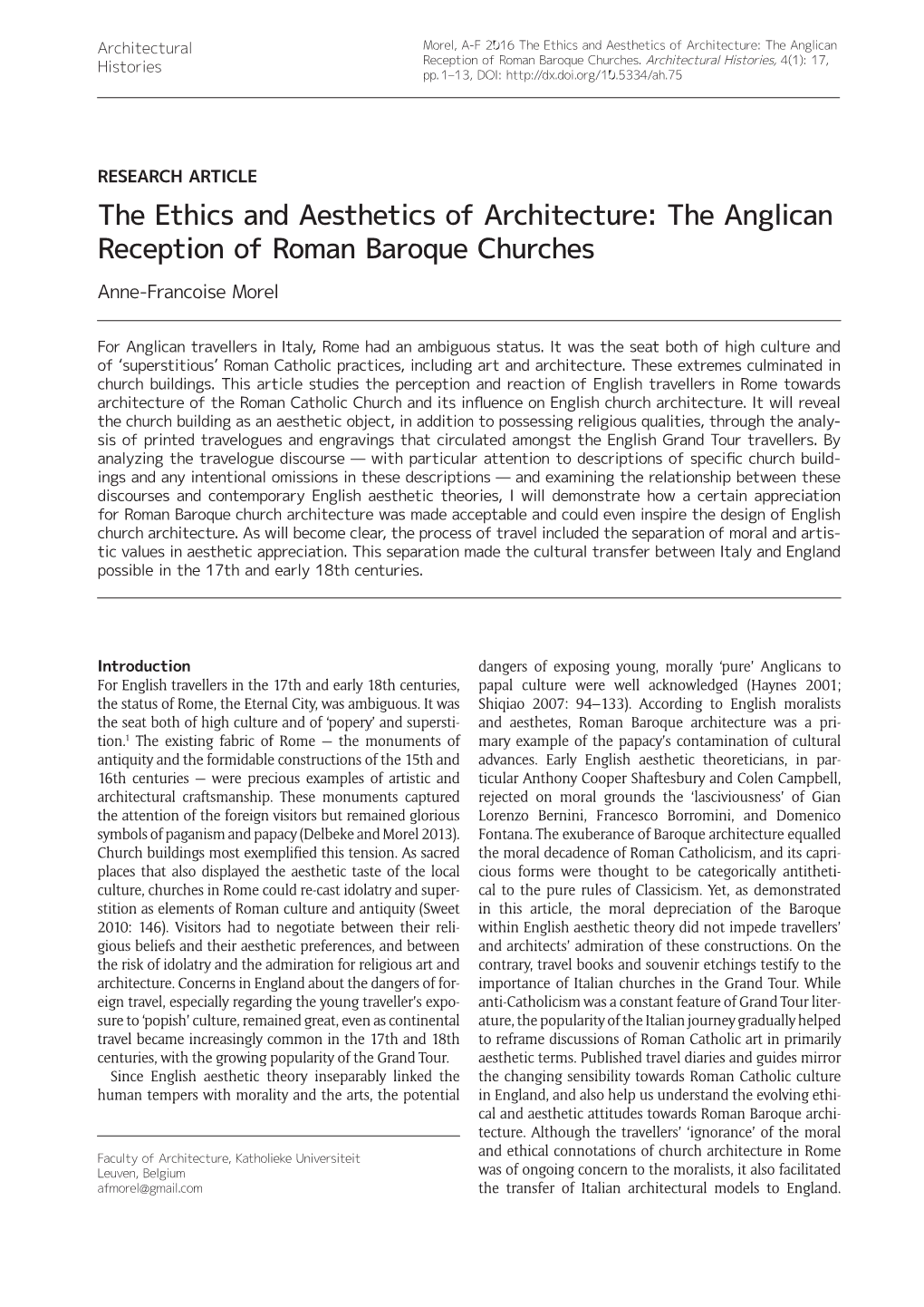 The Ethics and Aesthetics of Architecture: the Anglican Reception of Roman Baroque Churches