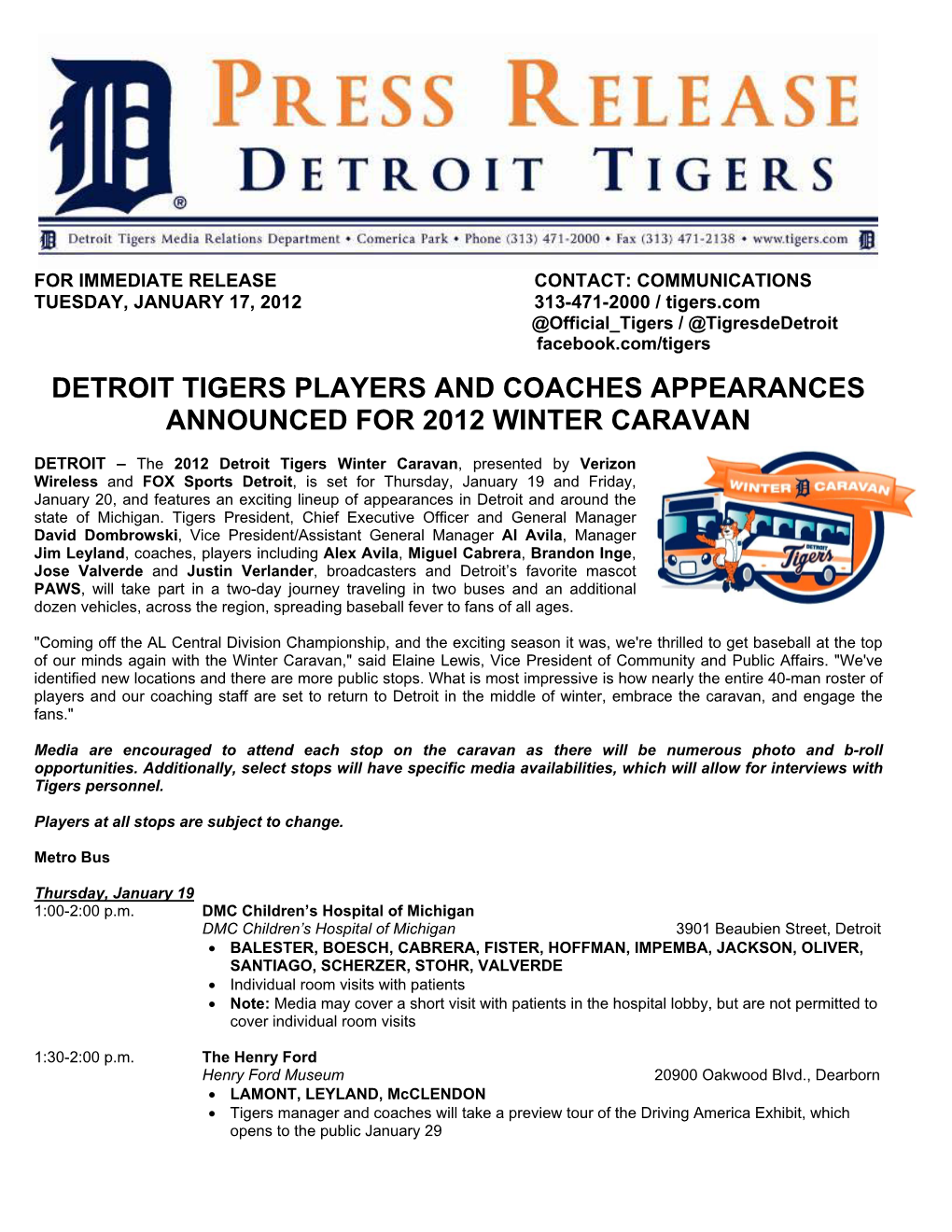 Detroit Tigers Players and Coaches Appearances Announced for 2012 Winter Caravan