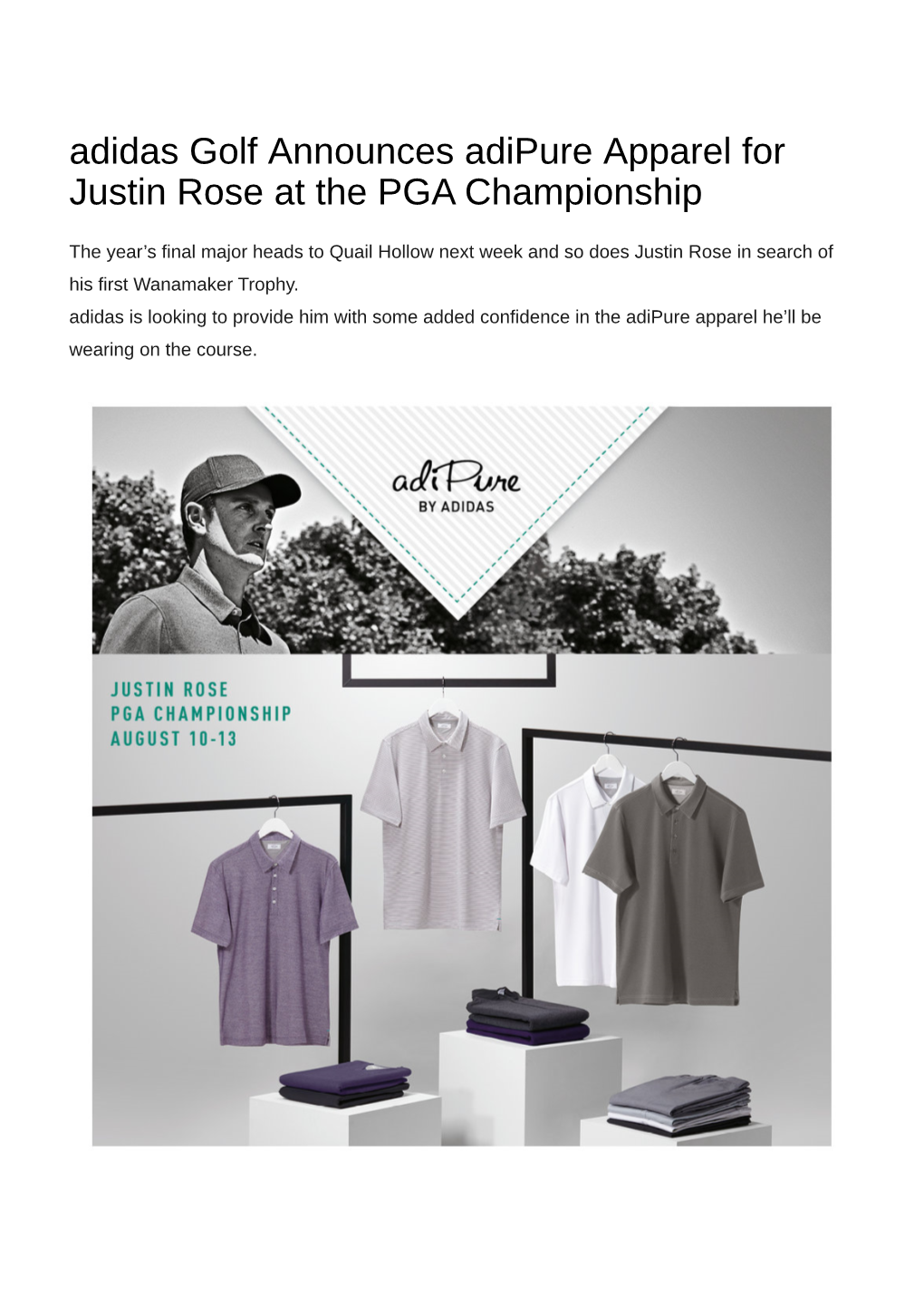 Adidas Golf Announces Adipure Apparel for Justin Rose at the PGA Championship